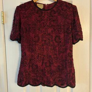 Stenay Vintage Women's Black Beaded Wine 100% Silk Scallops Top Blouse Size S